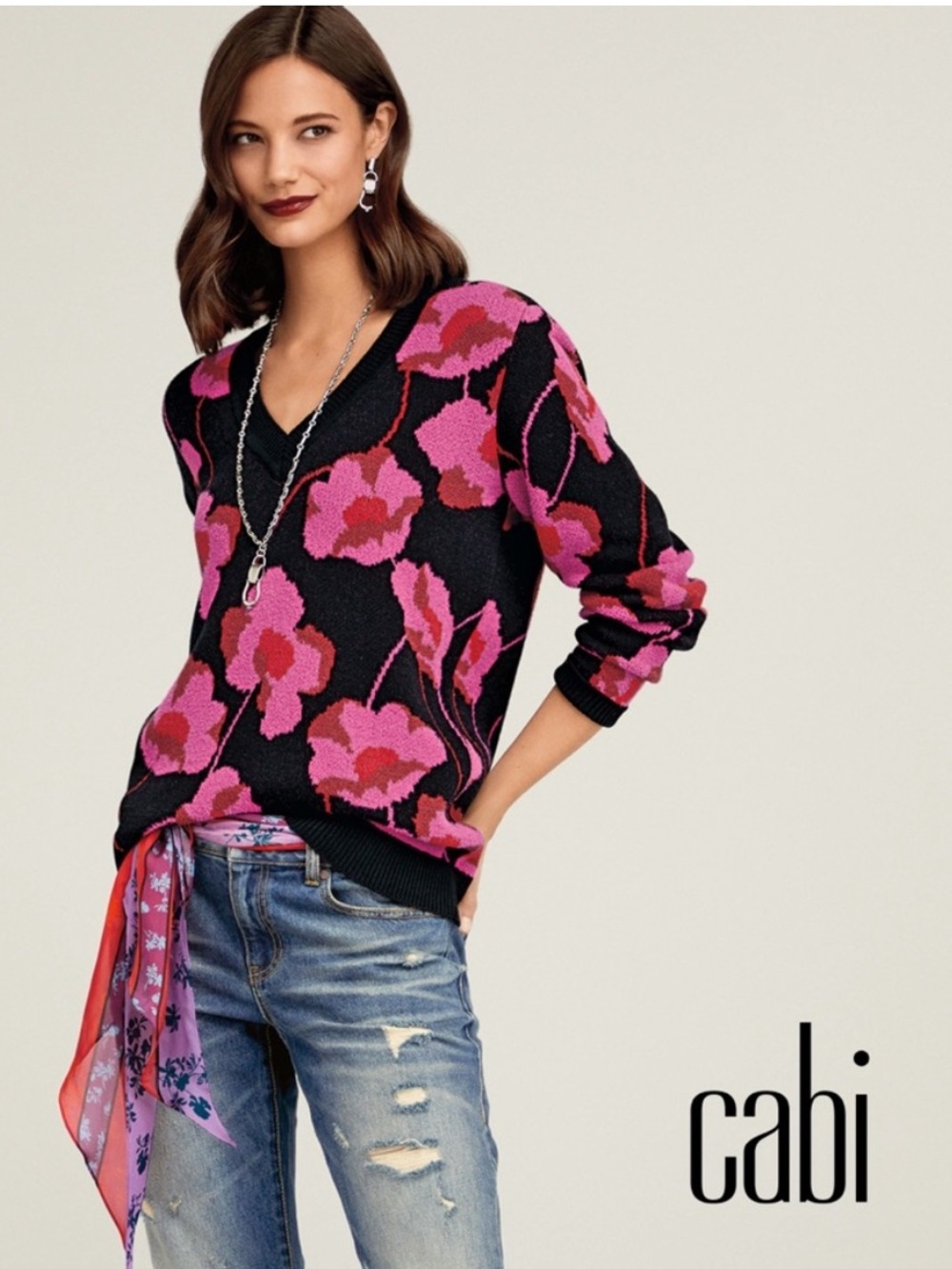 Cabi Rococo Floral Pink V Neck Sweater